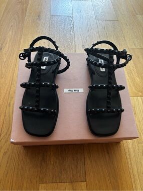 BNIB MiuMiu Black Studded T-Strap Flat Sandals